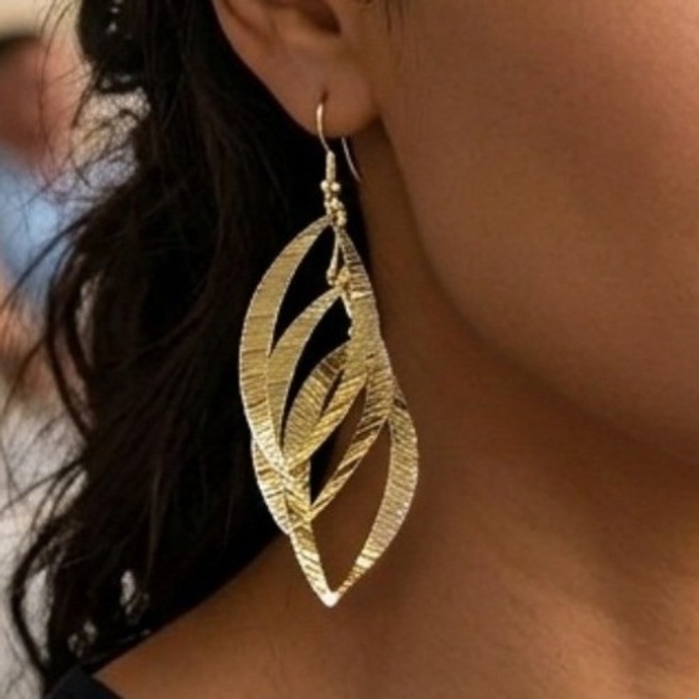 New Gold Textured Leaf Tiered Drop Earrings Golden Canopy Boutique Statement